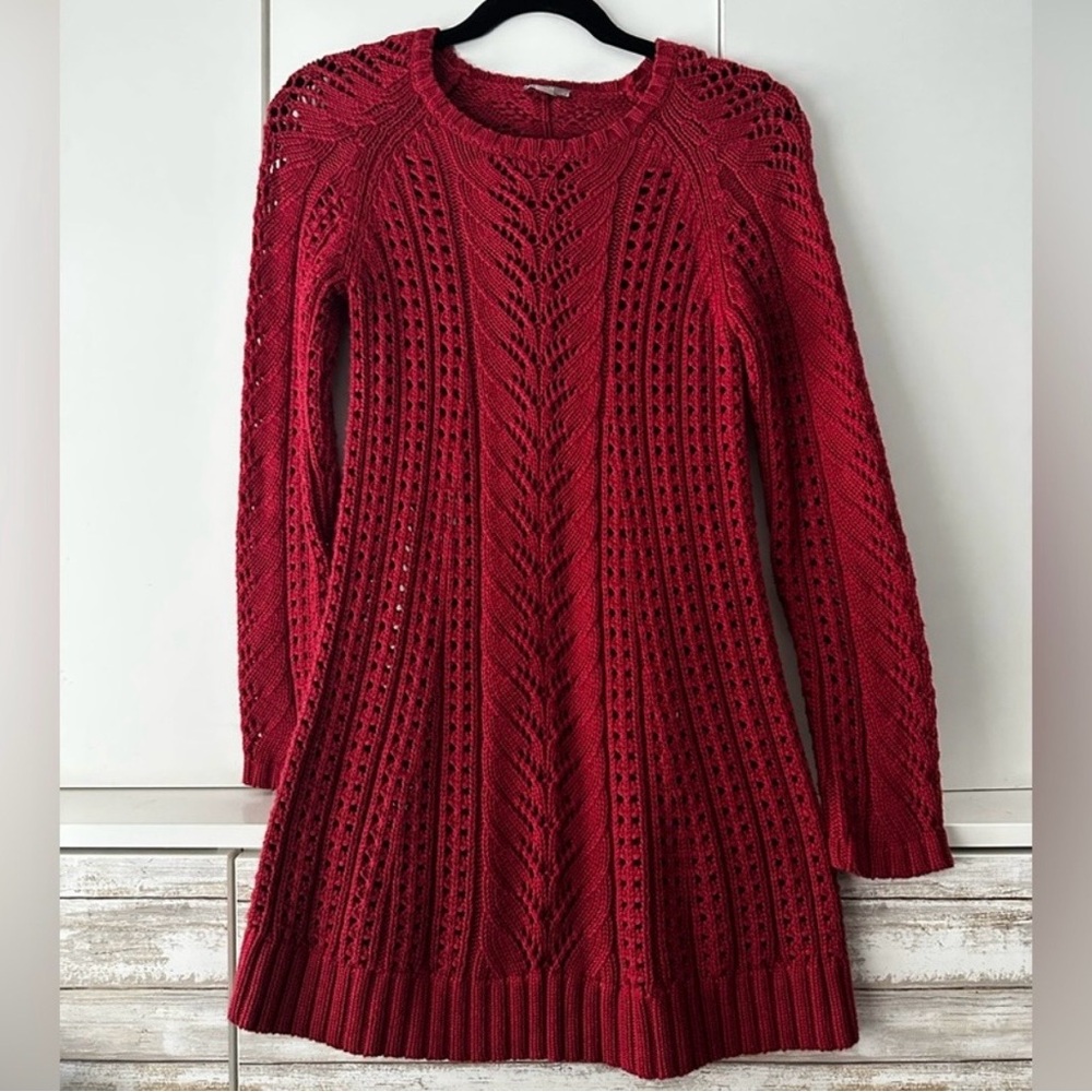🧶 J.Jill Red Open Knit Long Sleeve Tunic Sweater Size Small
